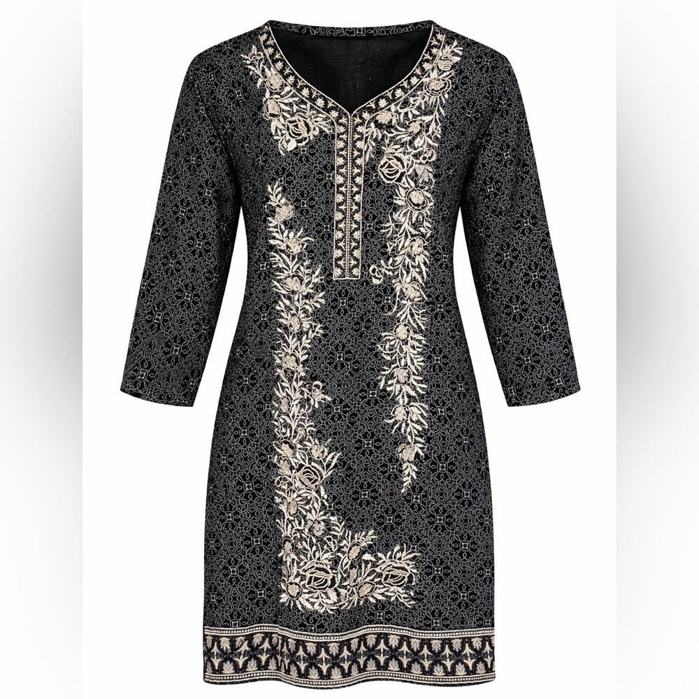 Embroidered Midi Dress Tunic Ethnic Eastern V-neck Side Slits India Pakistan M